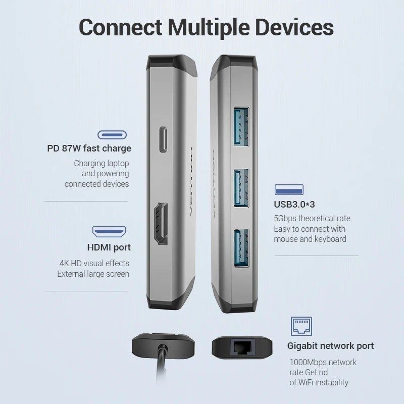 Docking USB Tipo-C Vention CNCHB/ 1xHDMI 4K/ 3xUSB/ 1xUSB Tipo-C PD/ 1xRJ45/ Gris