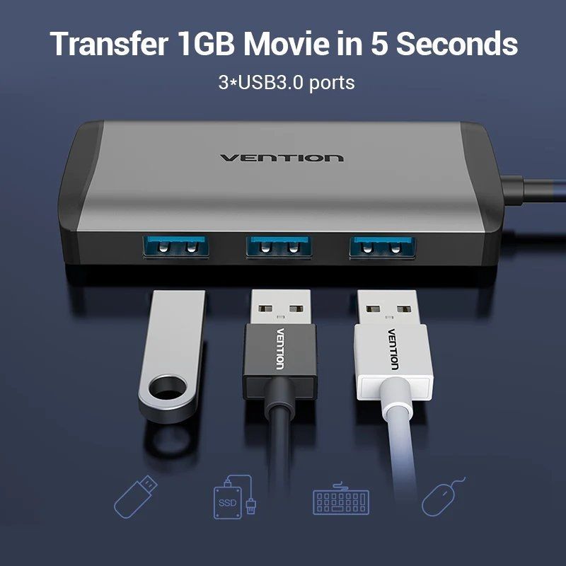 Docking USB Tipo-C Vention CNCHB/ 1xHDMI 4K/ 3xUSB/ 1xUSB Tipo-C PD/ 1xRJ45/ Gris
