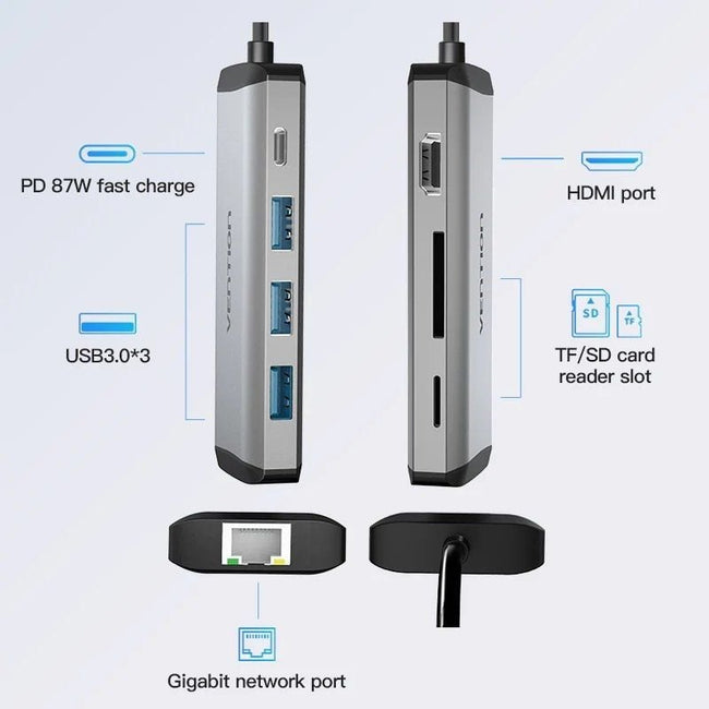 Docking USB Tipo-C Vention CNDHB/ 1xHDMI 4K/ 3xUSB/ 1xUSB Tipo-C PD/ 1xRJ45/ 1xLector tarjetas/ Gris Main Image