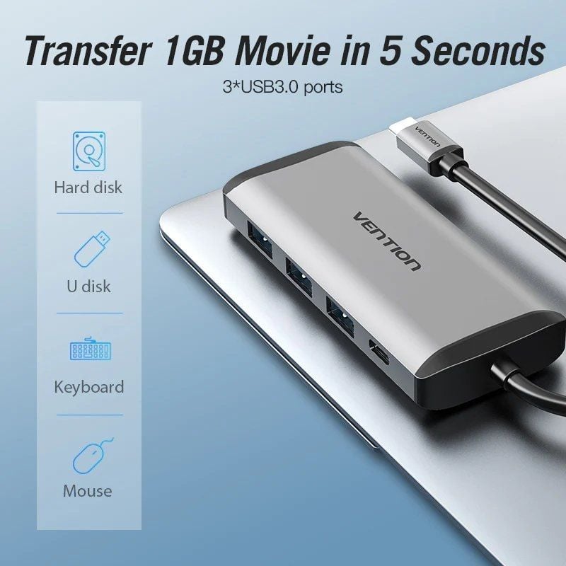 Docking USB Tipo-C Vention CNDHB/ 1xHDMI 4K/ 3xUSB/ 1xUSB Tipo-C PD/ 1xRJ45/ 1xLector tarjetas/ Gris