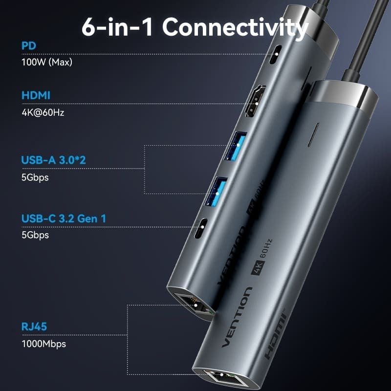 Docking USB Tipo-C Vention TGNHB/ 1xUSB 3.2 Tipo-C/ 2xUSB/ 1xHDMI 4K/ 1xRJ45/ 1xUSB Tipo-C PD/ Gris