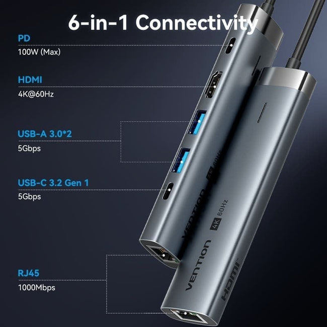 Docking USB Tipo-C Vention TGNHB/ 1xUSB 3.2 Tipo-C/ 2xUSB/ 1xHDMI 4K/ 1xRJ45/ 1xUSB Tipo-C PD/ Gris Main Image