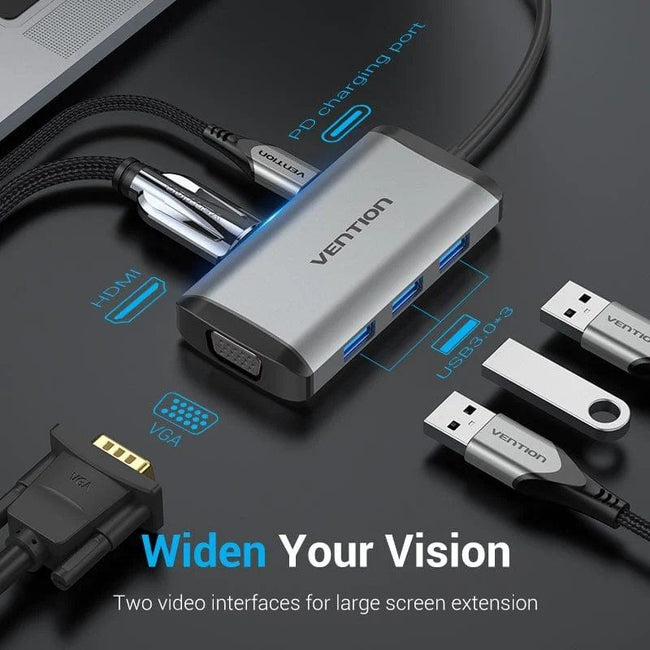 Docking USB Tipo-C Vention TGSHB/ 3xUSB/ 1xHDMI 4K/ 1xVGA/ 1xUSB Tipo-C PD/ Gris Main Image