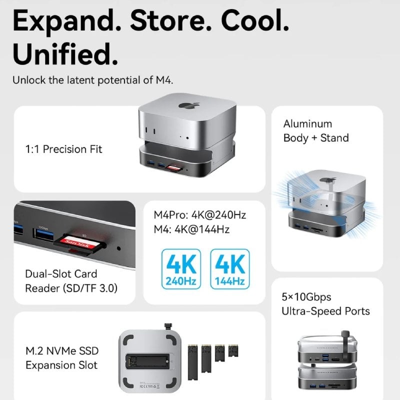 Docking para Mac Mini USB Tipo-C Vention THIHAG/ Ranura SSD M.2/ 4xUSB/ 1xUSB Tipo-C/ 1xDisplayPort 4K/ 1xLector Tarjetas/ 1xJack 3.5mm