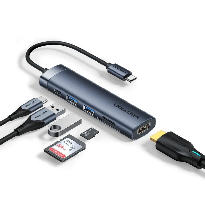 Docking USB Tipo-C Vention THJHB/ 1xHDMI 4K/ 2xUSB/ 1xUSB Tipo-C PD/ Gris
