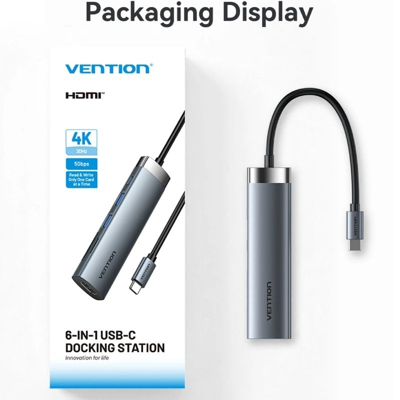 Docking USB Tipo-C Vention THJHB/ 1xHDMI 4K/ 2xUSB/ 1xUSB Tipo-C PD/ Gris