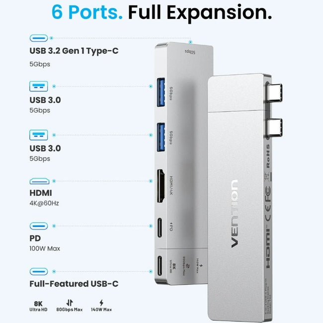 Docking USB Tipo-C Vention THZH0/ 1xHDMI 4K/ 2xUSB/ 2xUSB Tipo-C/ 1xThunderBolt/ 1xUSB Tipo-C PD/ Gris Main Image