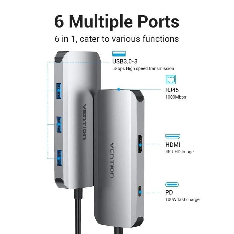 Docking USB Tipo-C Vention TOHHB/ 1xHDMI 4K/ 3xUSB/ 1xRJ45/ 1xUSB Tipo-C PD/ Gris