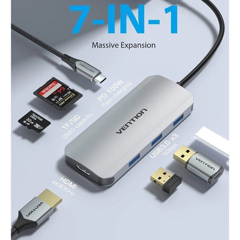 Docking USB Tipo-C Vention TOJHB/ 1xHDMI 4K/ 3xUSB/ 1xUSB Tipo-C/ 1xLector Tarjetas/ Gris