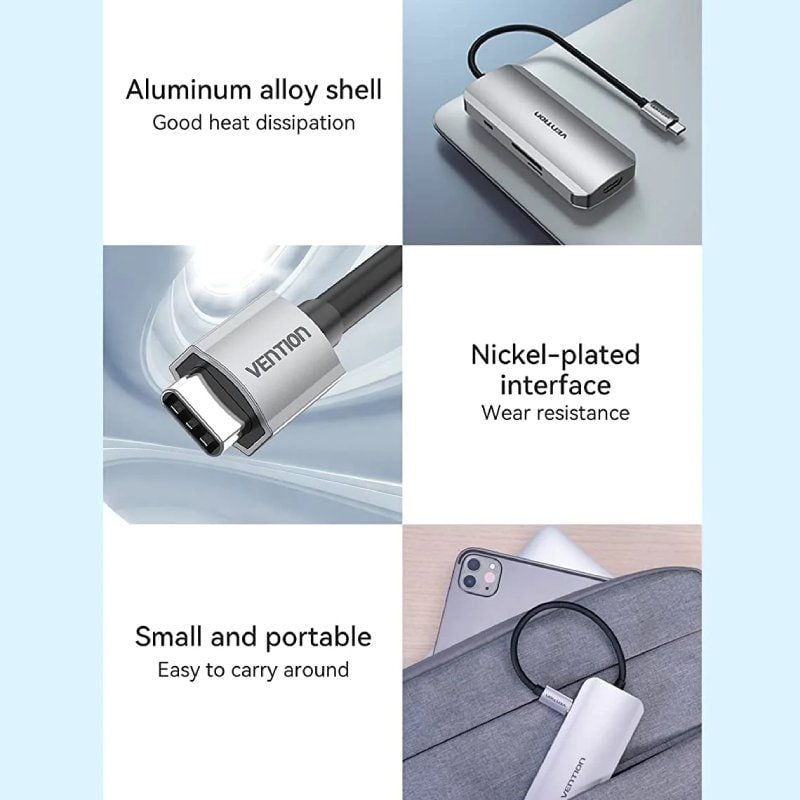 Docking USB Tipo-C Vention TOJHB/ 1xHDMI 4K/ 3xUSB/ 1xUSB Tipo-C/ 1xLector Tarjetas/ Gris