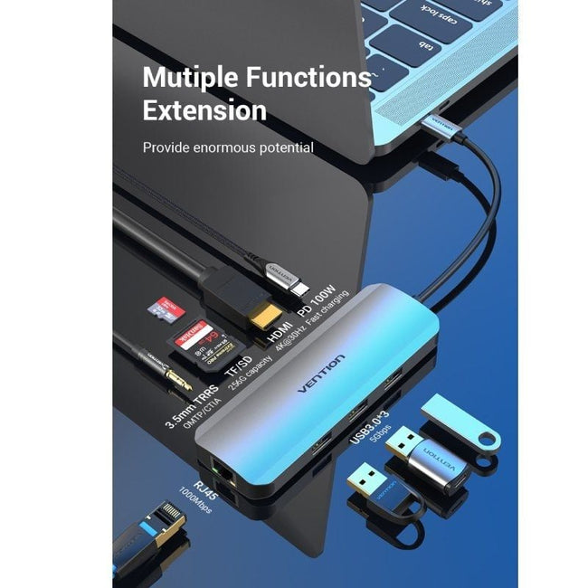 Docking USB Tipo-C Vention TOLHB/ 1xHDMI 4K/ 3xUSB/ 1xUSB Tipo-C PD/ 1xRJ45/ 1xLector Tarjetas SD/ 1x MicroSD/ Jack 3.5/ Gris Main Image