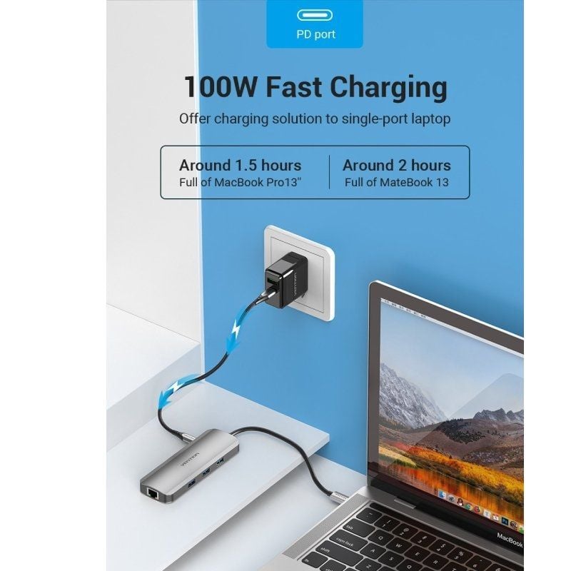 Docking USB Tipo-C Vention TOLHB/ 1xHDMI 4K/ 3xUSB/ 1xUSB Tipo-C PD/ 1xRJ45/ 1xLector Tarjetas SD/ 1x MicroSD/ Jack 3.5/ Gris