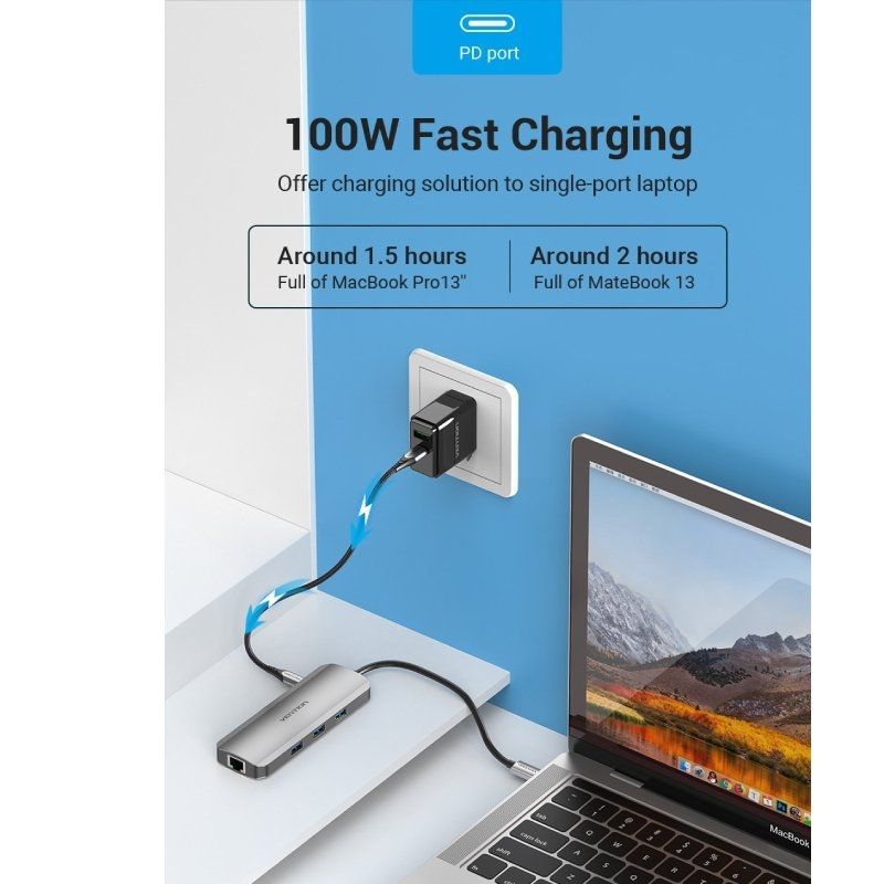 Docking USB Tipo-C Vention TOLHB/ 1xHDMI 4K/ 3xUSB/ 1xUSB Tipo-C PD/ 1xRJ45/ 1xLector Tarjetas SD/ 1x MicroSD/ Jack 3.5/ Gris