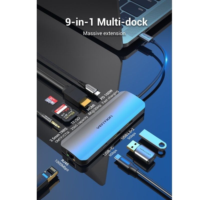 Docking USB Tipo-C Vention TOMHB/ 1xHDMI 4K/ 2xUSB/ 1xUSB Tipo-C/ 1xUSB Tipo-C PD/ 1xRJ45/ 1xLector Tarjetas SD y MicroSD/ Jack 3.5/ Gris