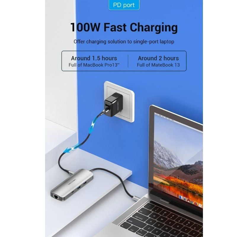 Docking USB Tipo-C Vention TOMHB/ 1xHDMI 4K/ 2xUSB/ 1xUSB Tipo-C/ 1xUSB Tipo-C PD/ 1xRJ45/ 1xLector Tarjetas SD y MicroSD/ Jack 3.5/ Gris