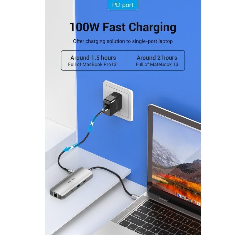Docking USB Tipo-C Vention TOMHB/ 1xHDMI 4K/ 2xUSB/ 1xUSB Tipo-C/ 1xUSB Tipo-C PD/ 1xRJ45/ 1xLector Tarjetas SD y MicroSD/ Jack 3.5/ Gris