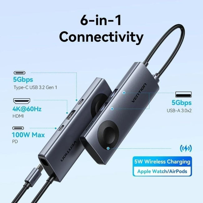 Docking USB Tipo-C con Carga Inalámbrica Vention TPMHB/ 1xHDMI 4K/ 2xUSB/ 1xUSB Tipo-C/ 1xUSB Tipo-C PD/ Gris Main Image
