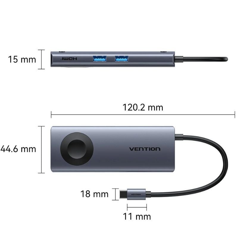 Docking USB Tipo-C con Carga Inalámbrica Vention TPMHB/ 1xHDMI 4K/ 2xUSB/ 1xUSB Tipo-C/ 1xUSB Tipo-C PD/ Gris