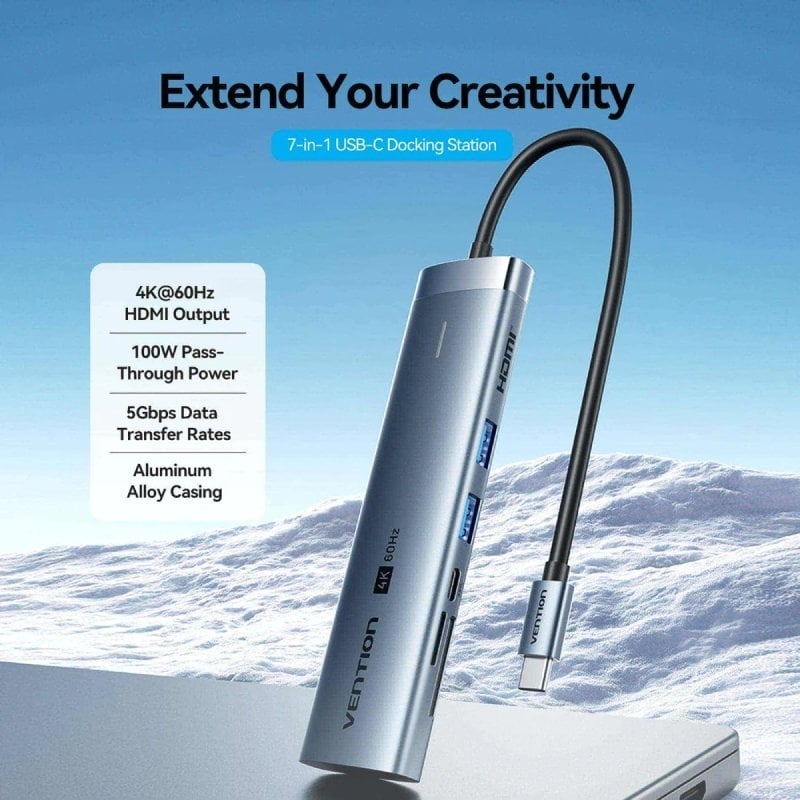 Docking USB Tipo-C Vention TPSHB/ 1xHDMI 4K/ 2xUSB/ 2xUSB Tipo-C/ 1xRJ45/ 1xUSB Tipo-C PD/ 1xLector Tarjetas/ Gris