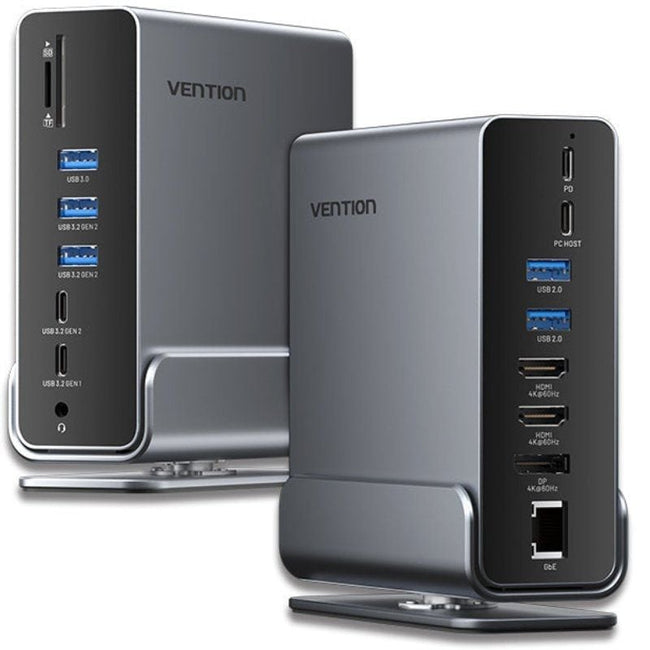 Docking USB Tipo-C Vention TPUH0/ 2xHDMI 4K/ 1xDisplayPort/ 3xUSB Tipo-C/ 5xUSB/ 1xRJ45/ 1xLector de Tarjetas/ 1xJack 3.5/ 1xUSB Tipo-C PD/ Gris Hover Image