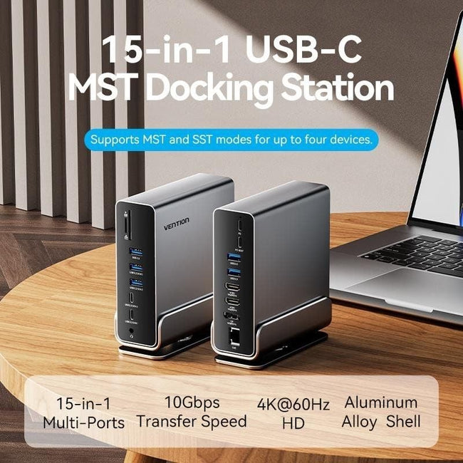 Docking USB Tipo-C Vention TPUH0/ 2xHDMI 4K/ 1xDisplayPort/ 3xUSB Tipo-C/ 5xUSB/ 1xRJ45/ 1xLector de Tarjetas/ 1xJack 3.5/ 1xUSB Tipo-C PD/ Gris Main Image