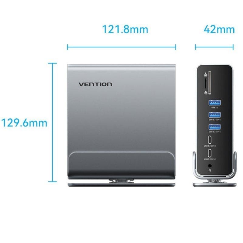 Docking USB Tipo-C Vention TPUH0/ 2xHDMI 4K/ 1xDisplayPort/ 3xUSB Tipo-C/ 5xUSB/ 1xRJ45/ 1xLector de Tarjetas/ 1xJack 3.5/ 1xUSB Tipo-C PD/ Gris