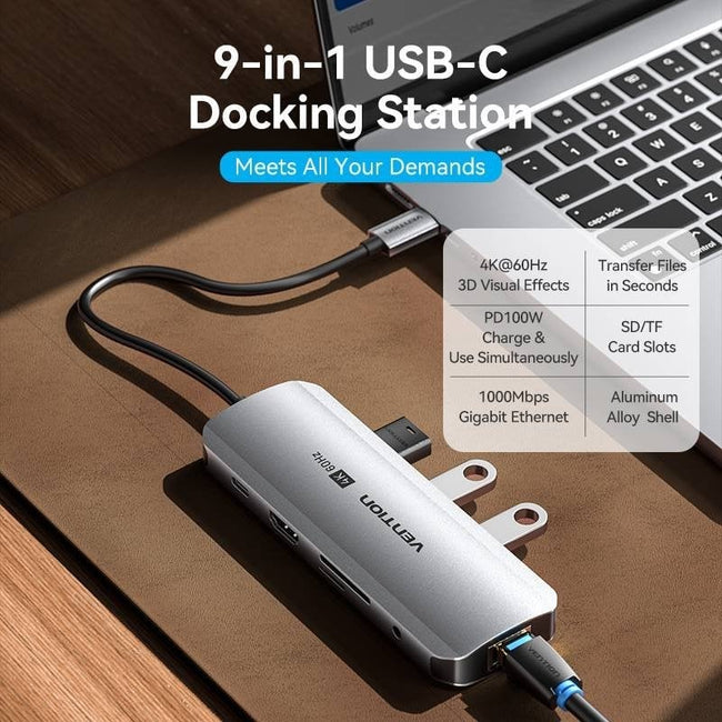 Docking USB Tipo-C Vention TQLHB/ 1xHDMI 4K/ 3xUSB/ 1xUSB Tipo-C PD/ 1xRJ45/ 1xJack 3.5mm/ 1xLector de Tarjetas/ Gris Main Image