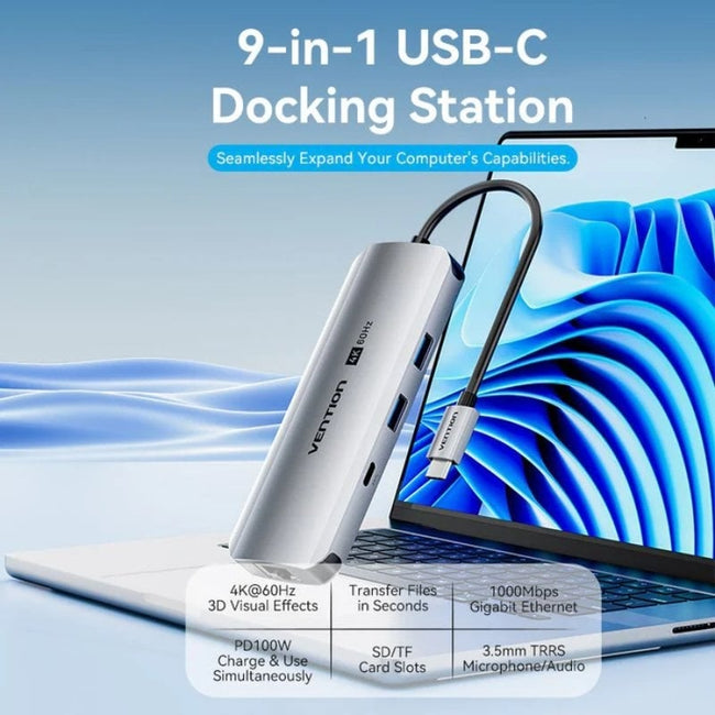 Docking USB Tipo-C Vention TQMHB/ 1xHDMI 4K/ 2xUSB/ 1xUSB Tipo-C/ 1xJack 3.5mm / 1xRJ45/ 1xUSB Tipo-C PD/ 1xLector Tarjetas/ Gris Main Image