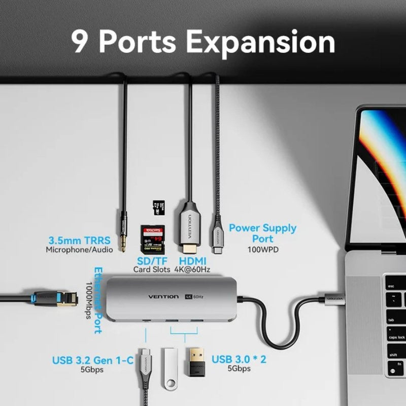 Docking USB Tipo-C Vention TQMHB/ 1xHDMI 4K/ 2xUSB/ 1xUSB Tipo-C/ 1xJack 3.5mm / 1xRJ45/ 1xUSB Tipo-C PD/ 1xLector Tarjetas/ Gris