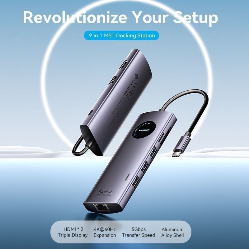 Docking USB Tipo-C Vention TQVHB/ 2xHDMI 4K/ 3xUSB/ 1xRJ45/ 1xLector de Tarjetas/ 1xUSB Tipo-C PD/ Gris
