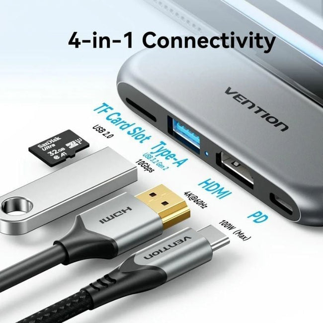 Docking Sin Cables USB Tipo-C Vention THYH0/ 1xUSB/ 1xHDMI/ 1xUSB Tipo-C PD/ 1xLector de Tarjetas/ Gris Main Image