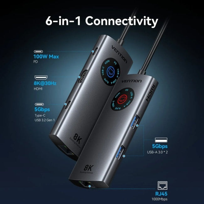 Docking USB Tipo-C Vention TQZHB/ RJ45/ 2xUSB/ 1xUSB Tipo-C/ 1xHDMI/ 1xUSB Tipo-C PD/ Gris Main Image
