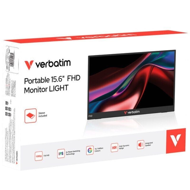 Monitor Portátil Verbatim Non-Touch Light 15.6"/ Full HD/ Multimedia/ Negro