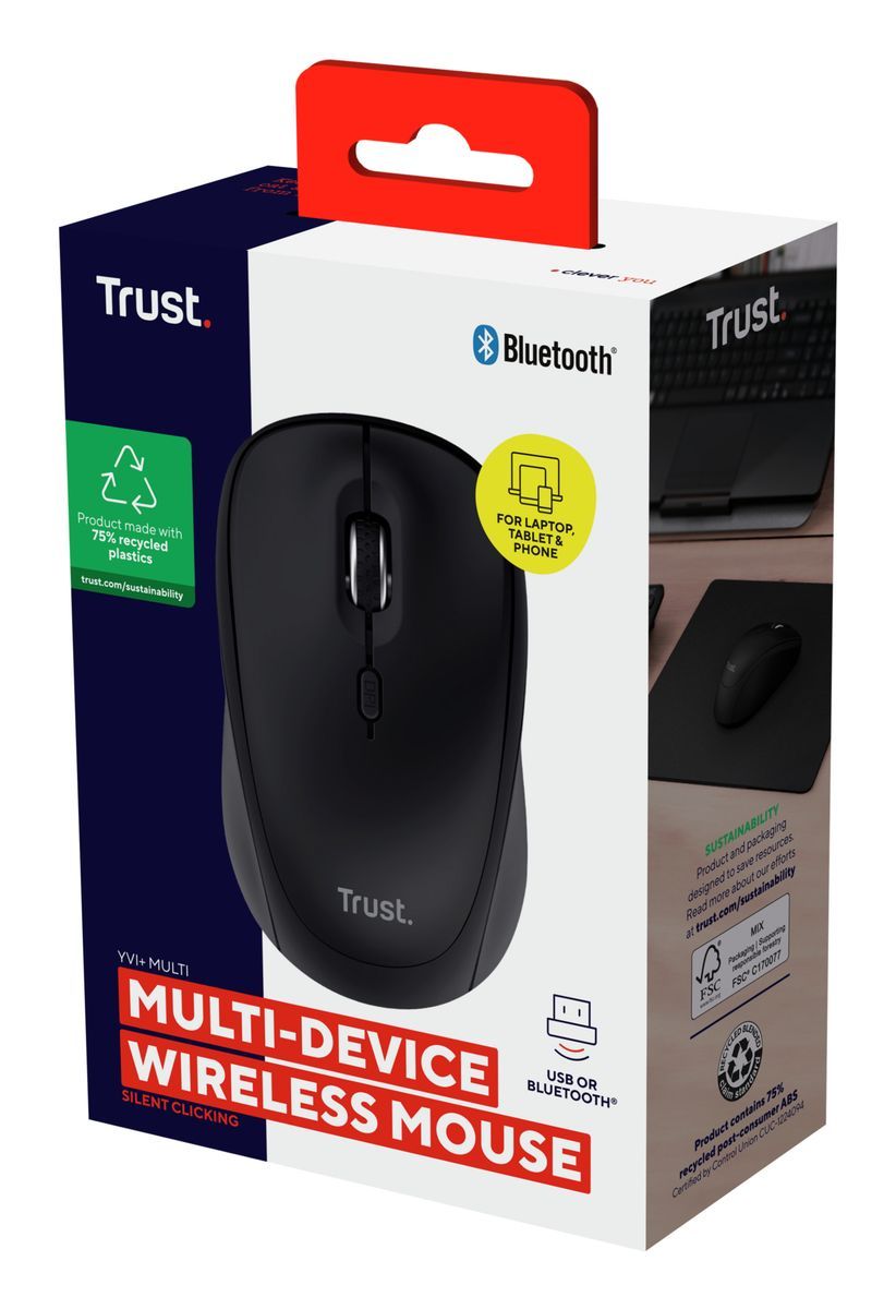 MOUSE TRUST WIRELESS Y BLUETOOTH YVI+ NEGRO 1600DPI AJUSTABLE 3 BOTONES 3 DISPOSITIVOS