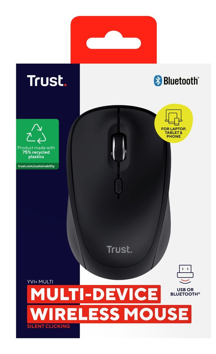 MOUSE TRUST WIRELESS Y BLUETOOTH YVI+ NEGRO 1600DPI AJUSTABLE 3 BOTONES 3 DISPOSITIVOS