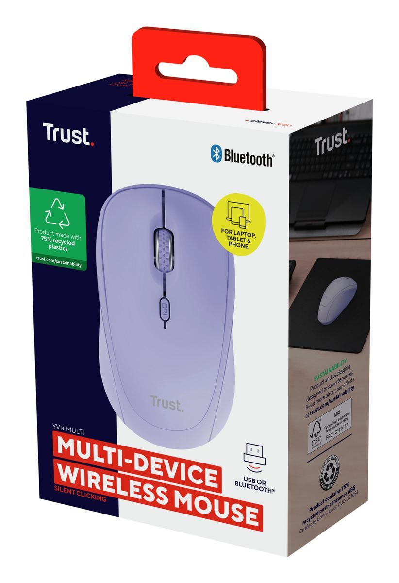 Mouse Trust Wireless Y Bluetooth Yvi+ Lila 1600dpi Ajustable 3 Botones 3 Dispositivos