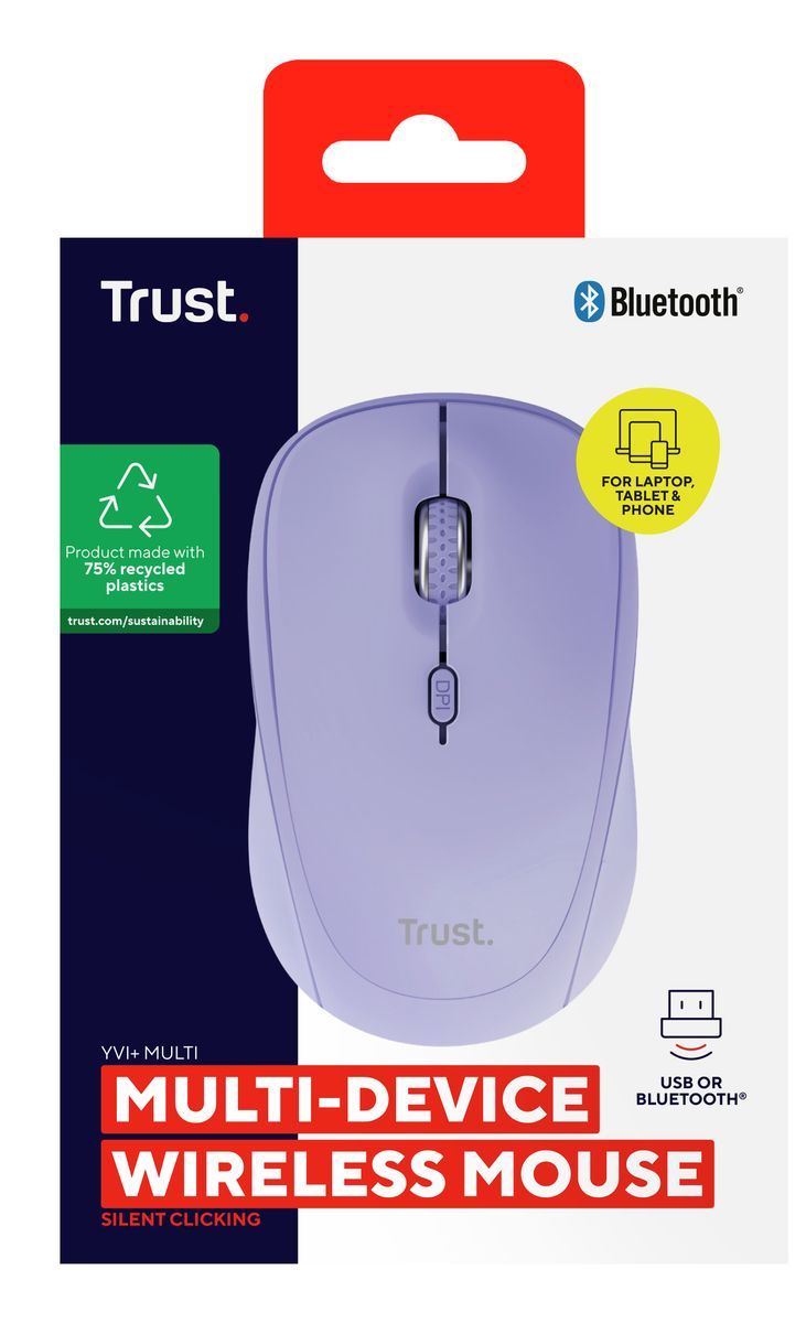 Mouse Trust Wireless Y Bluetooth Yvi+ Lila 1600dpi Ajustable 3 Botones 3 Dispositivos
