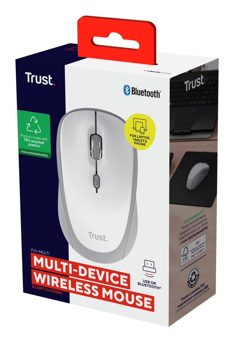 MOUSE TRUST WIRELESS Y BLUETOOTH YVI+ BLANCO 1600DPI AJUSTABLE 3 BOTONES 3 DISPOSITIVOS