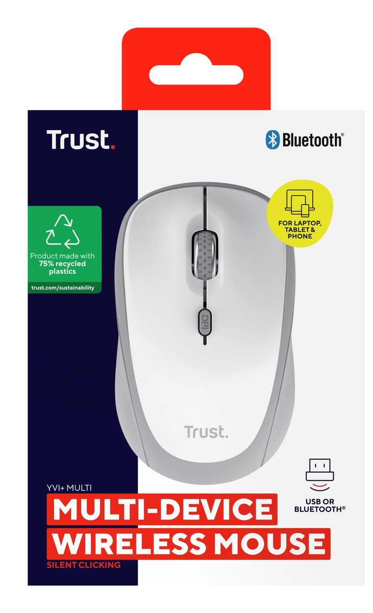 MOUSE TRUST WIRELESS Y BLUETOOTH YVI+ BLANCO 1600DPI AJUSTABLE 3 BOTONES 3 DISPOSITIVOS