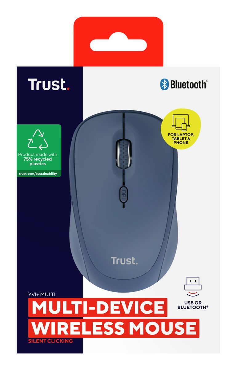 Mouse Trust Wireless Y Bluetooth Yvi+ Azul 1600dpi Ajustable 3 Botones 3 Dispositivos