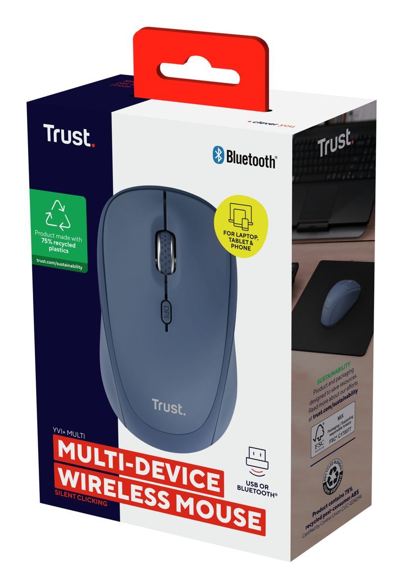 Mouse Trust Wireless Y Bluetooth Yvi+ Azul 1600dpi Ajustable 3 Botones 3 Dispositivos