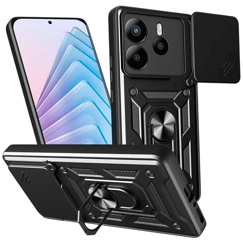 Funda Armadura Militar para Xiaomi Redmi Note 14 4G con Protección de Cámara, Soporte Metálico y Anillo Negro