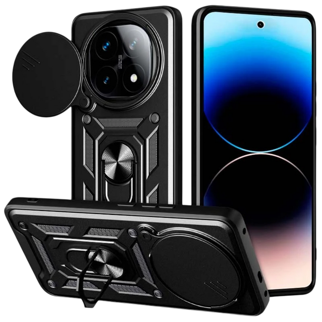 Funda Armadura Militar para Xiaomi Redmi Note 14 Pro Plus 5G con Protección de Cámara, Soporte Metálico y Anillo Negro Hover Image