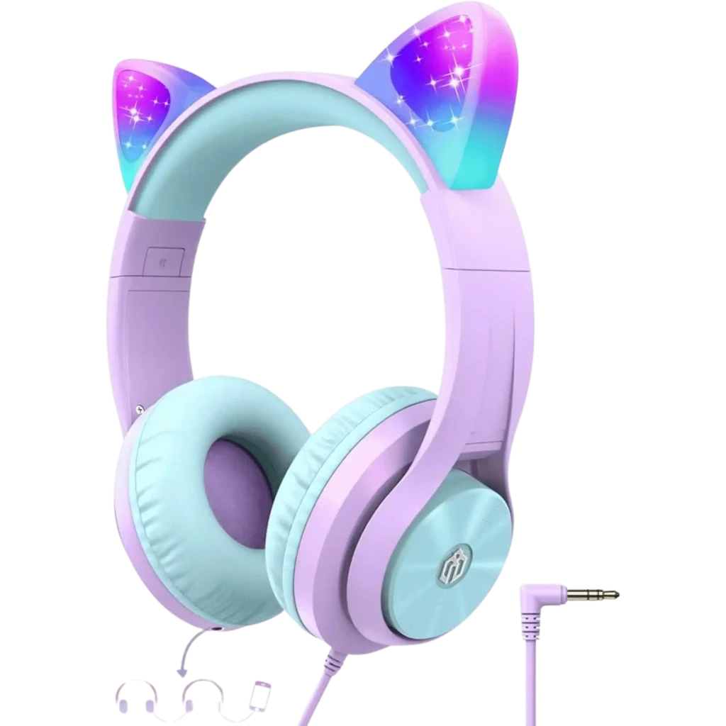 iClever HS20 Cat Ear Led Light Up Wired Kids Headphones with Microphone, Purple