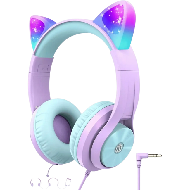 iClever HS20 Cat Ear Led Light Up Wired Kids Headphones with Microphone, Purple Hover Image