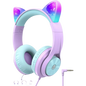 iClever HS20 Cat Ear Led Light Up Wired Kids Headphones with Microphone, Purple