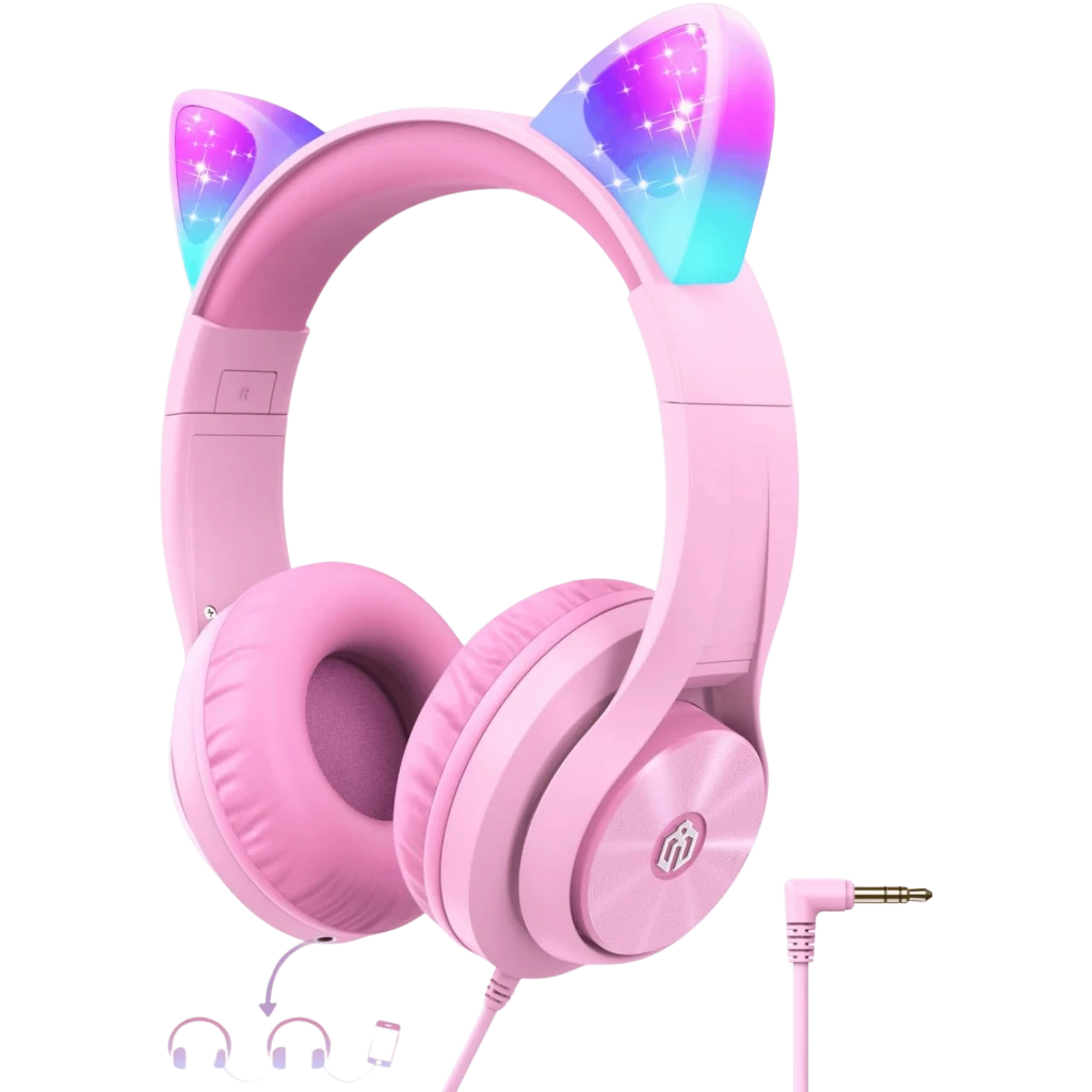 iClever HS20 Cat Ear Led Light Up Wired Kids Headphones with Microphone, Pink