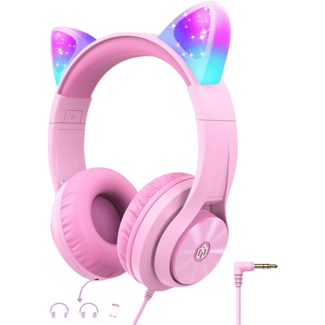 iClever HS20 Cat Ear Led Light Up Wired Kids Headphones with Microphone, Pink Hover Image