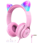 iClever HS20 Cat Ear Led Light Up Wired Kids Headphones with Microphone, Pink