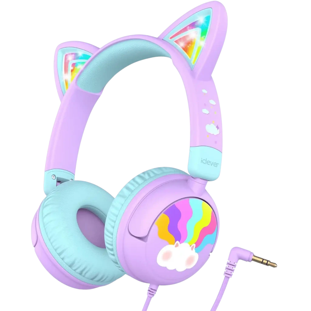 iClever HS25 Púrpura - Auriculares Infantiles con Orejas de Gato y Limitador 85dB